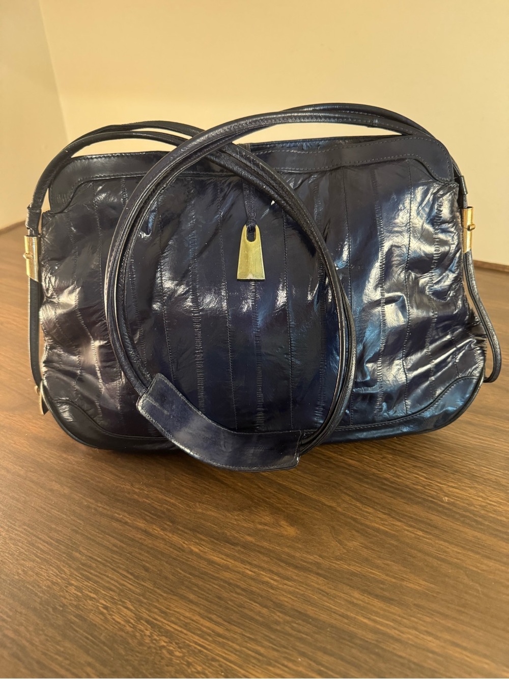 Vintage Genuine Eel Skin Leather Purse Navy Blue Korea Shoulder Bag 1980s